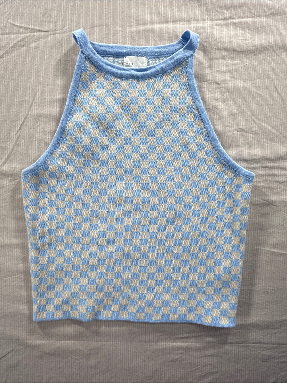 Dee Elly Baby Blue and Cream Y2K Checker Halter Knit Tank Top Medium